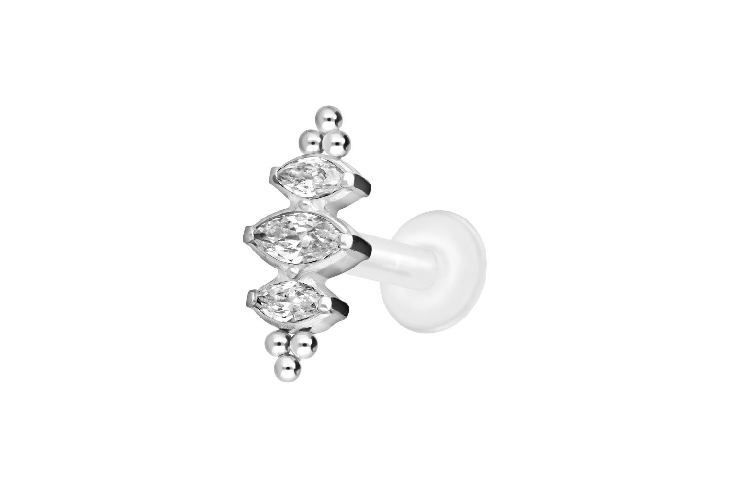 PTFE Labret Piercing mit Innengewinde + Titan-Aufsatz 3 KRISTALLTROPFEN + KUGELN